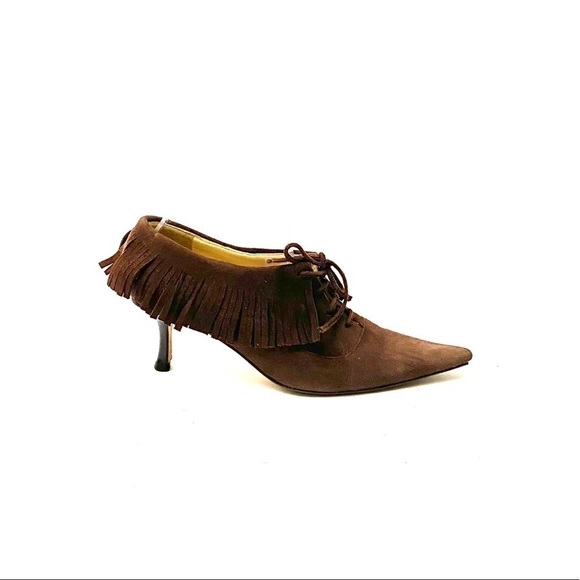 Vintage 1990s Jimmy Choo Heels // Brown Suede Fringe  JIMMY CHOO | Vintage 1990s suede fringe heels